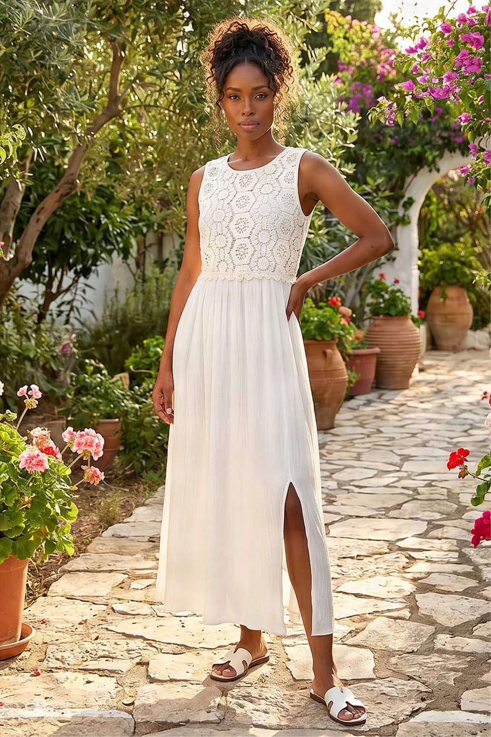 Roman White Crochet Bodice Midi Dress - 20 Image 1
