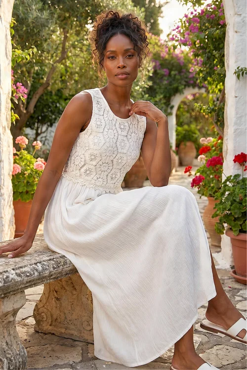 Roman White Crochet Bodice Midi Dress - 20 Image 2