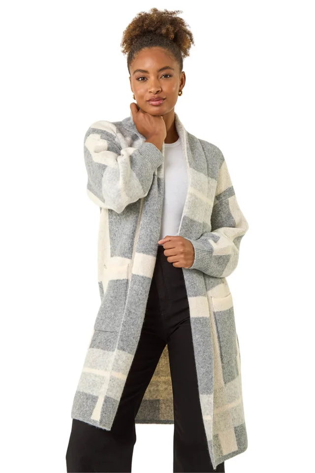 Roman Grey Check Longline Pocket Cardigan