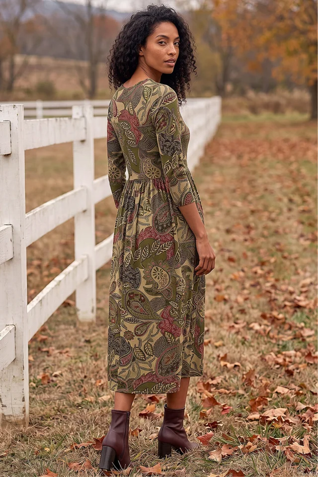 Roman Khaki Paisley Print Stretch Midi Dress