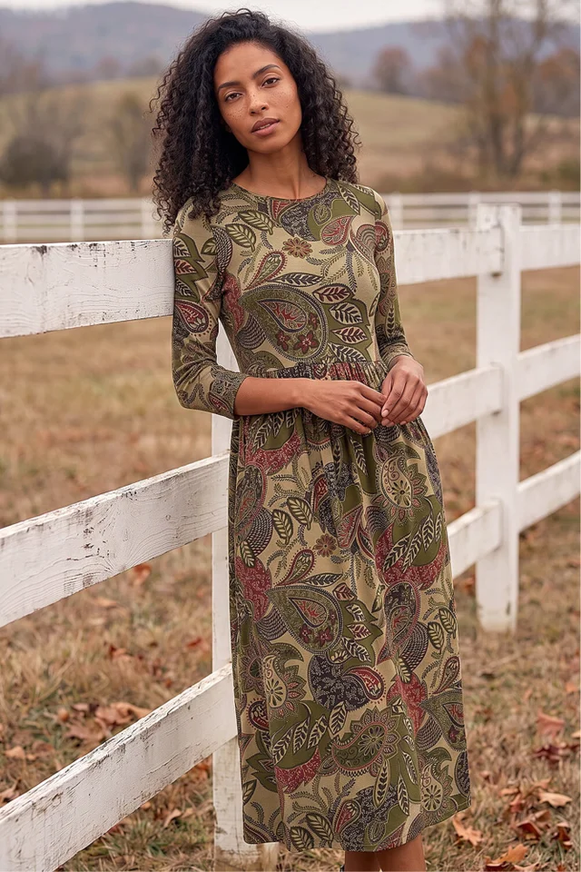 Roman Khaki Paisley Print Stretch Midi Dress