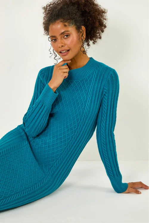 Dusk Teal Cable Knit Midi Jumper Dress - 12 Image 2