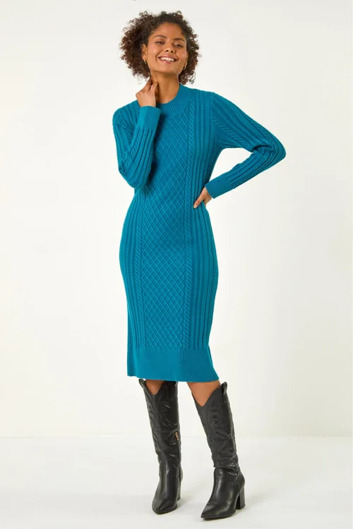Dusk Teal Cable Knit Midi Jumper Dress - 12 Image 3