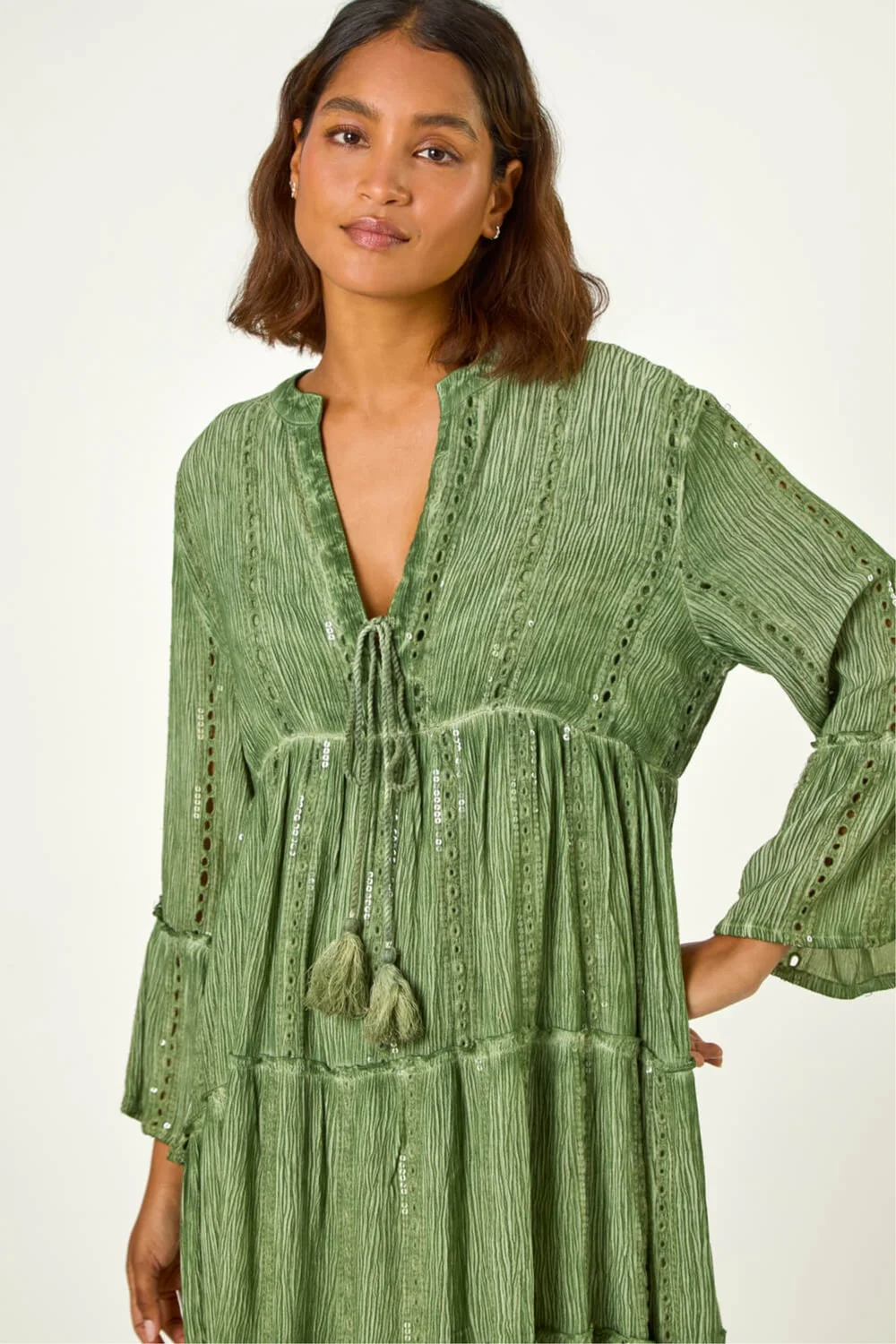 Roman Green Shimmer Tie Detail Smock Dress - 10 Image 4