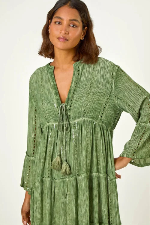 Roman Green Shimmer Tie Detail Smock Dress - 10 Image 4