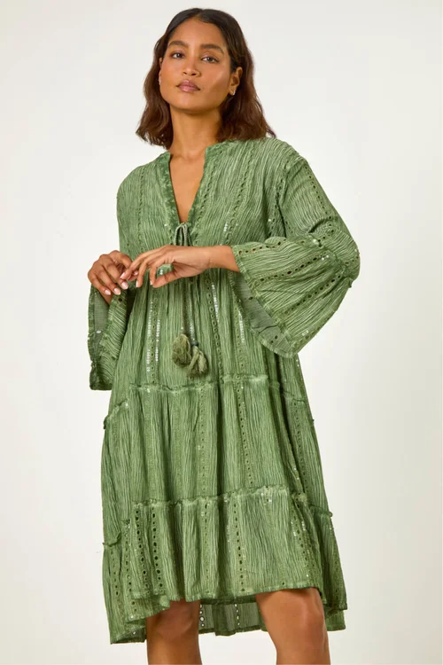 Roman Green Shimmer Tie Detail Smock Dress - 10 Image 1