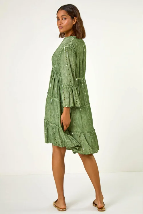 Roman Green Shimmer Tie Detail Smock Dress - 10 Image 3