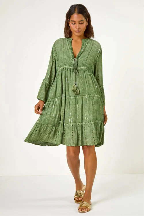 Roman Green Shimmer Tie Detail Smock Dress - 10 Image 2