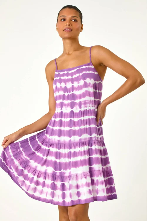 Roman Purple Tie Dye Print Tiered Dress - 10 Image 3