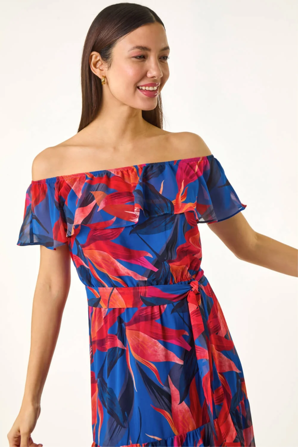 Roman Navy Floral Print Bardot Belted Maxi Dress - 18 Image 4