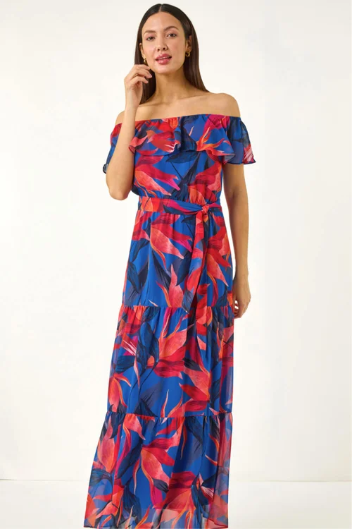 Roman Navy Floral Print Bardot Belted Maxi Dress - 18 Image 2
