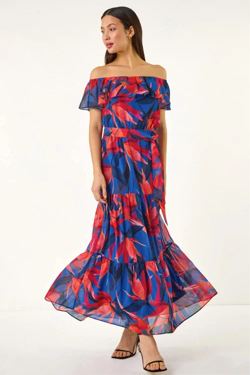 Roman Navy Floral Print Bardot Belted Maxi Dress - 18 Image 1