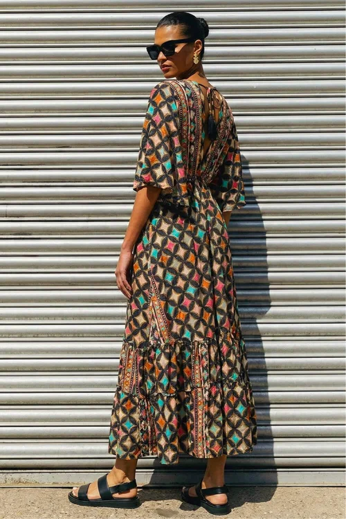 Roman Multi Geo Print V-Neck Frill Maxi Dress - 16 Image 4