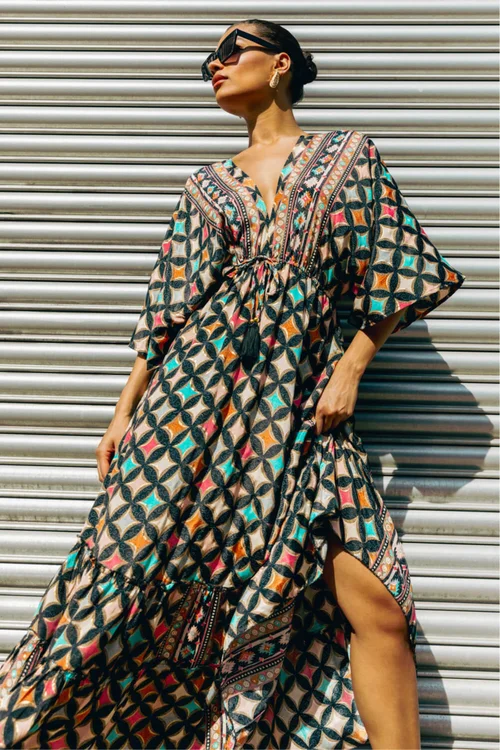 Roman Multi Geo Print V-Neck Frill Maxi Dress - 16 Image 1