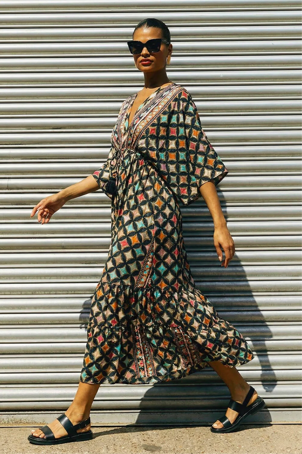 Roman Multi Geo Print V-Neck Frill Maxi Dress - 16 Image 2