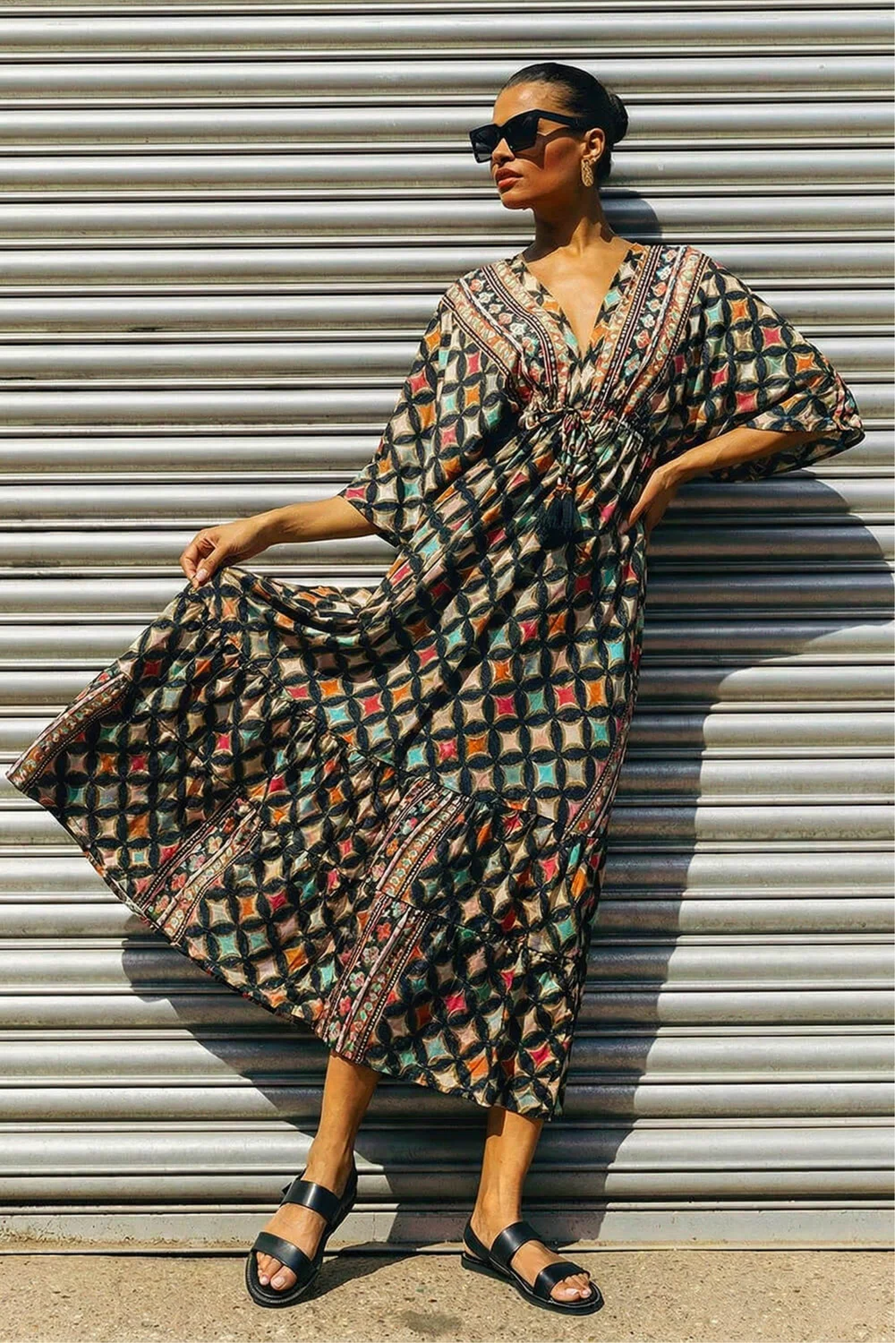 Roman Multi Geo Print V-Neck Frill Maxi Dress - 16 Image 3