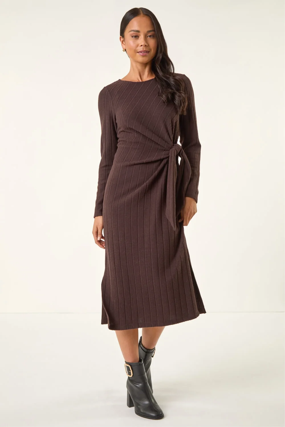 Roman Chocolate Petite Brushed Tie Waist Stretch Midi Dress - 16 Image 3