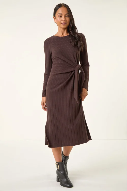 Roman Chocolate Petite Brushed Tie Waist Stretch Midi Dress - 16 Image 3