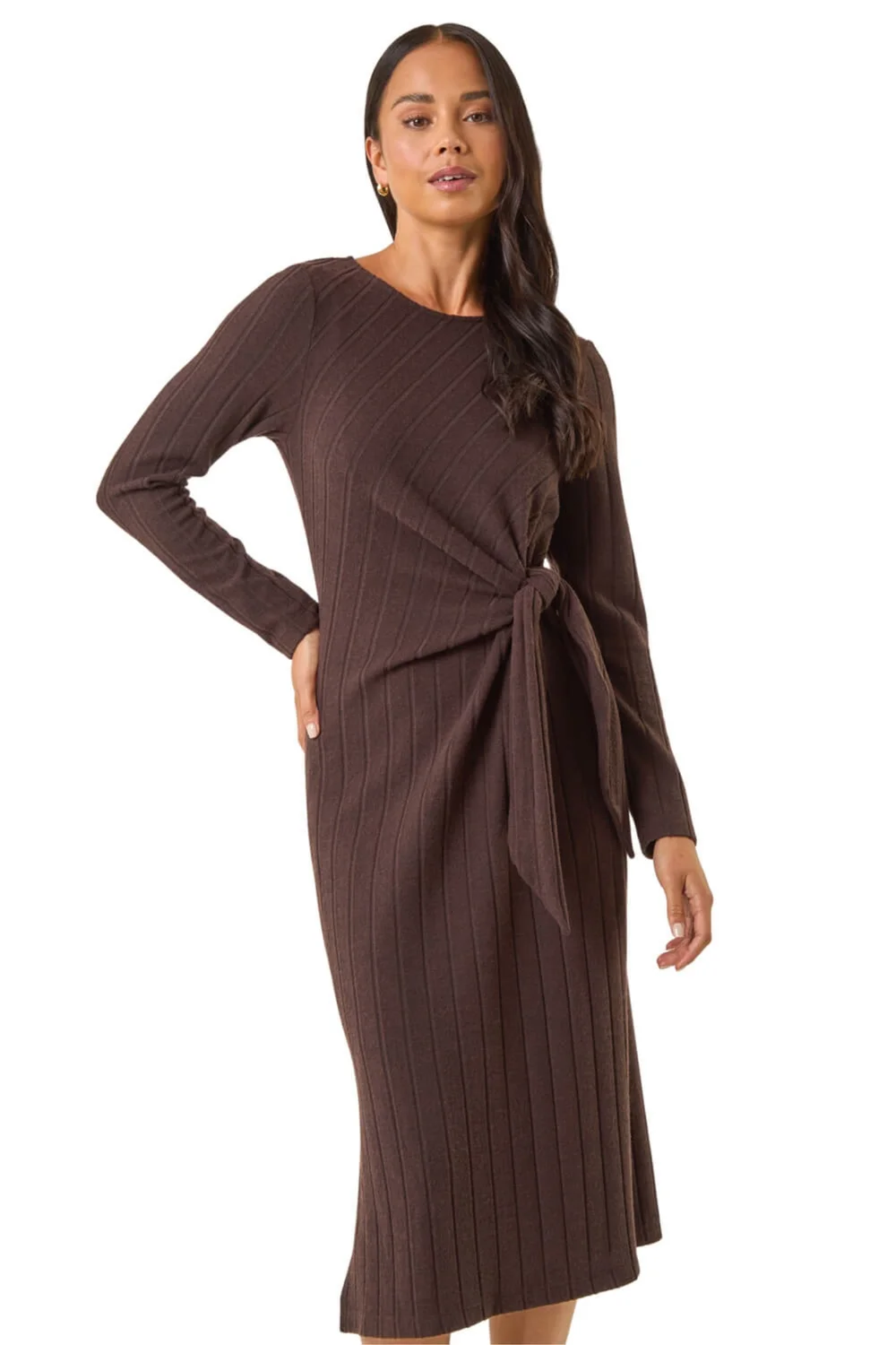 Roman Chocolate Petite Brushed Tie Waist Stretch Midi Dress - 16 Image 1