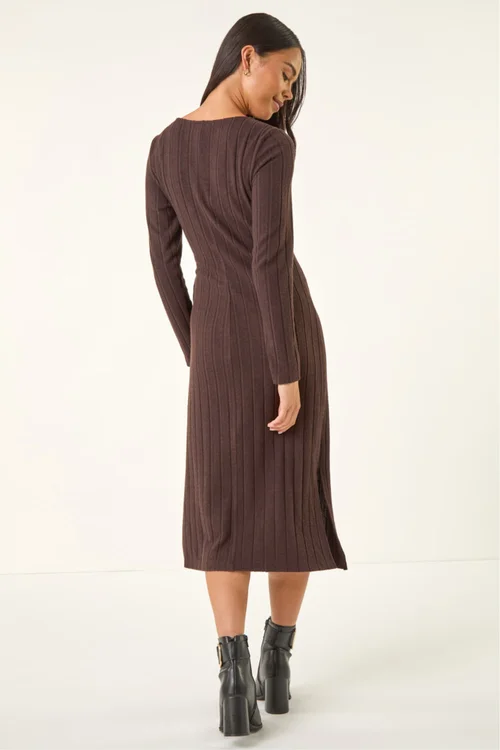 Roman Chocolate Petite Brushed Tie Waist Stretch Midi Dress - 16 Image 4