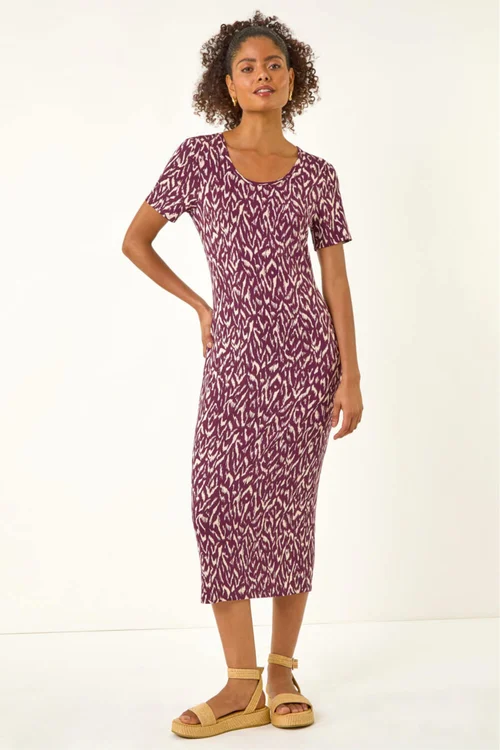 Dusk Wine Abstract Print Stretch Midi Dress - 14 Image 3