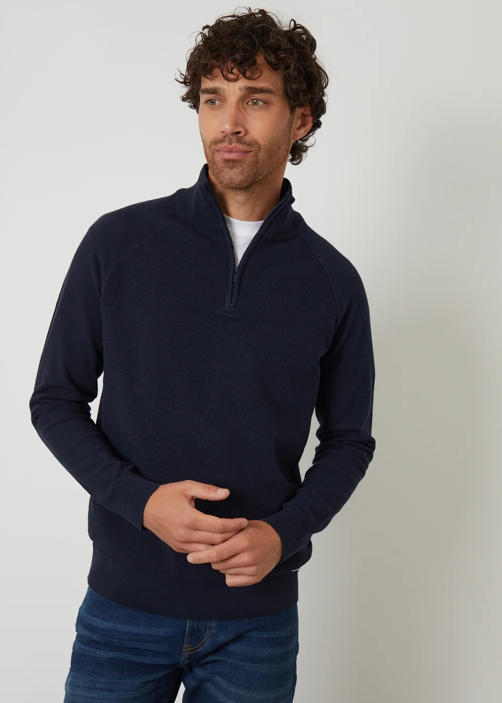 Threadbare Navy Textured Knit Quarter Zip Jumper - XL Image 1