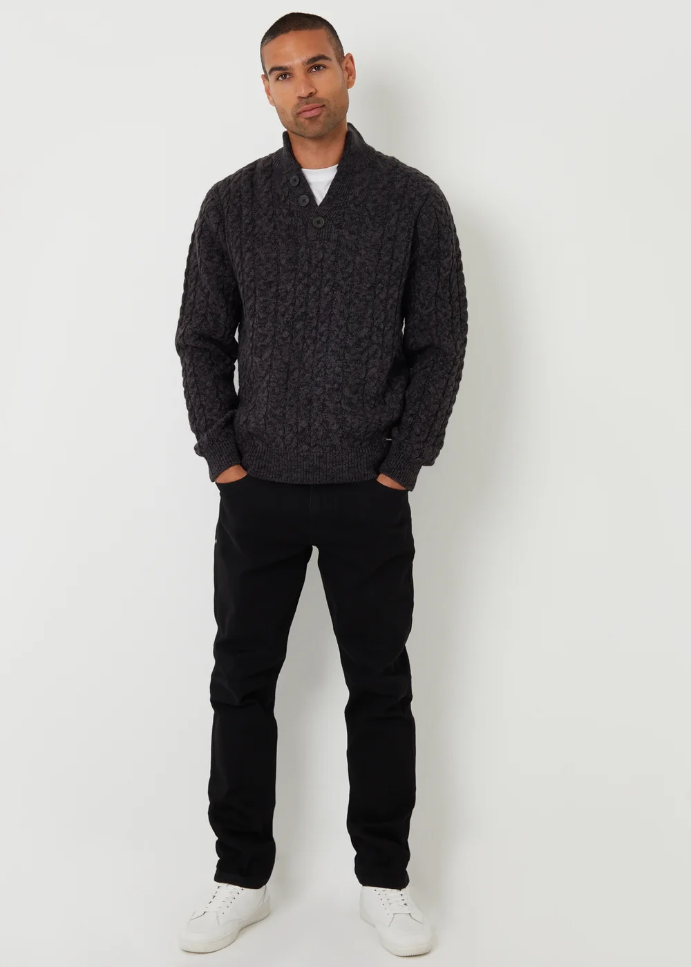 Threadbare Black Mock Tee Funnel Neck Cable Knit Jumper - M Image 3