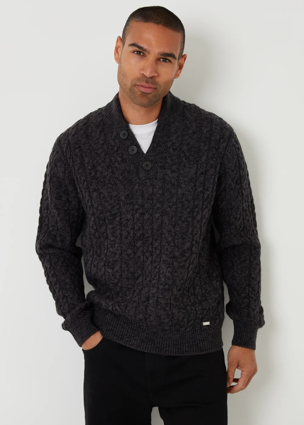 Threadbare Black Mock Tee Funnel Neck Cable Knit Jumper - M Image 1