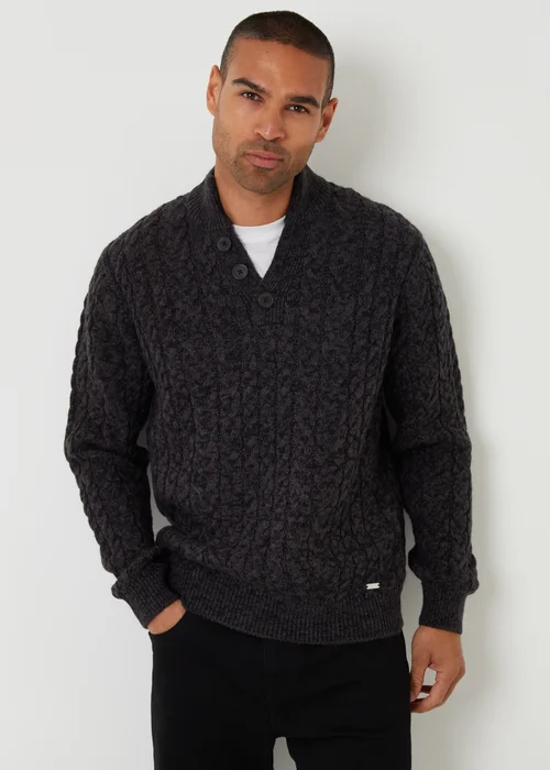 Threadbare Black Mock Tee Funnel Neck Cable Knit Jumper - M Image 1
