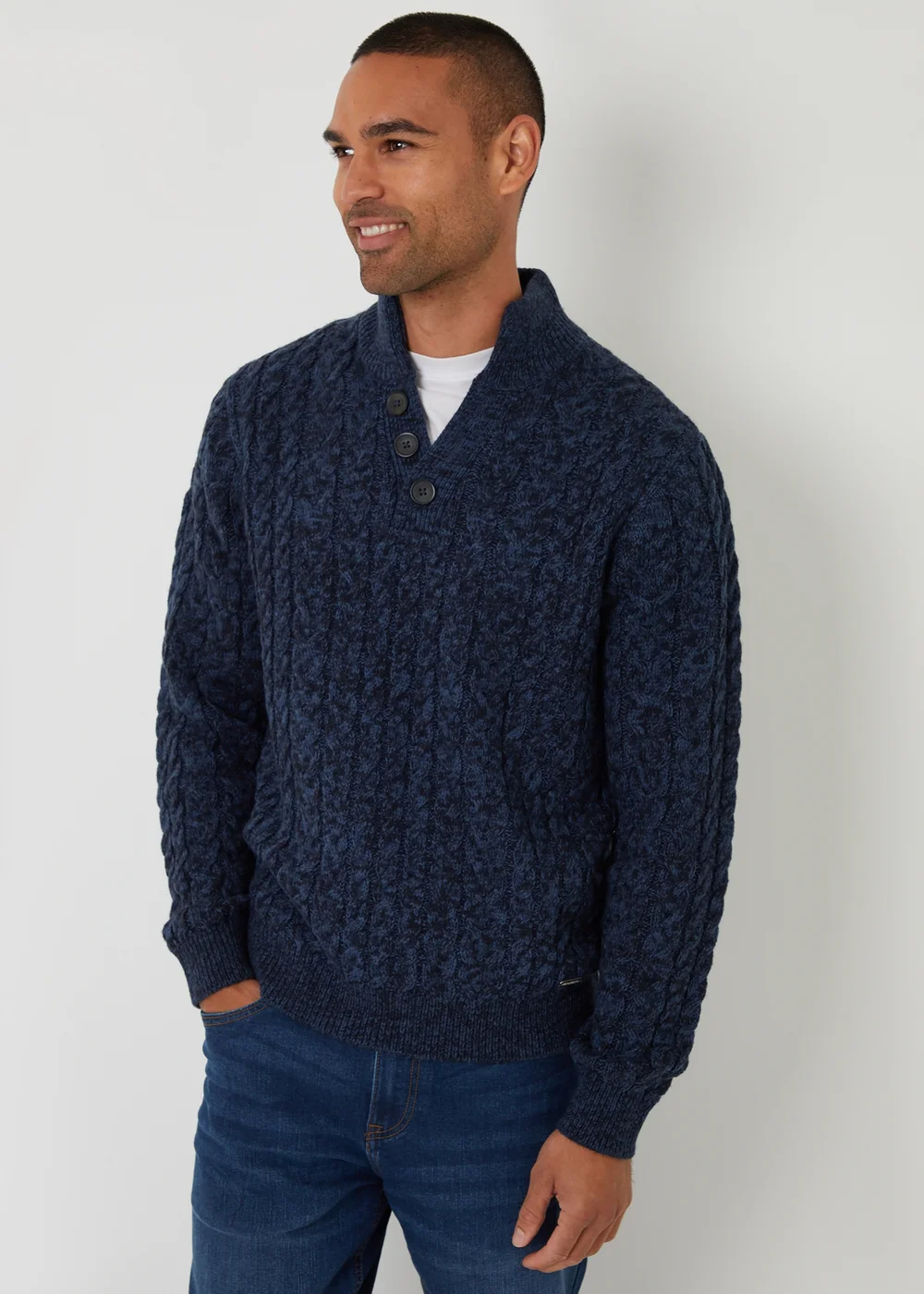Threadbare Blue Mock Tee Funnel Neck Cable Knit Jumper - M Image 1