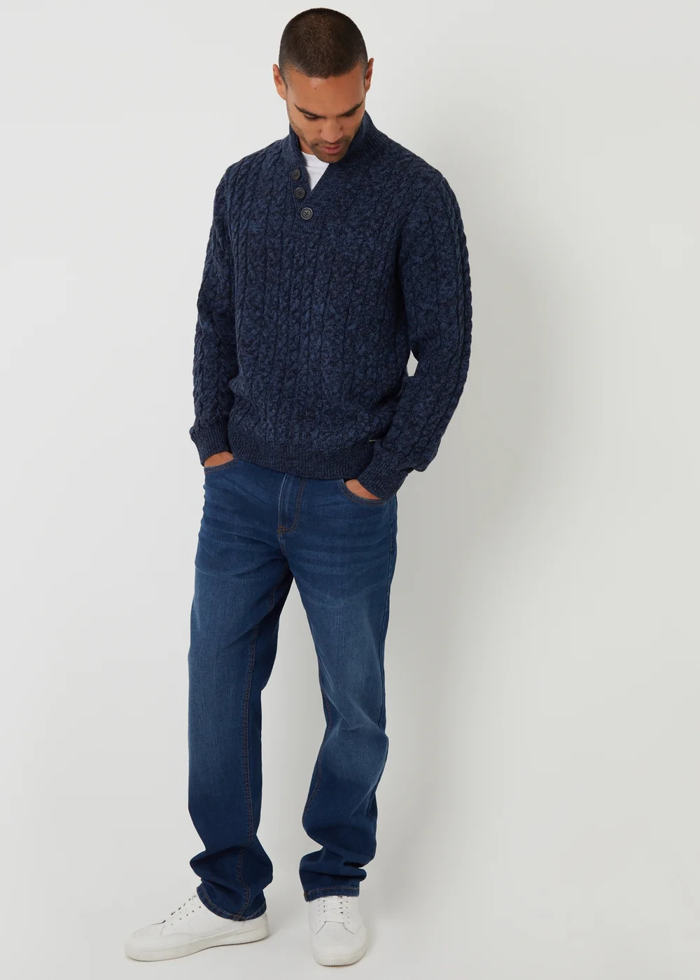 Threadbare Blue Mock Tee Funnel Neck Cable Knit Jumper - M Image 3