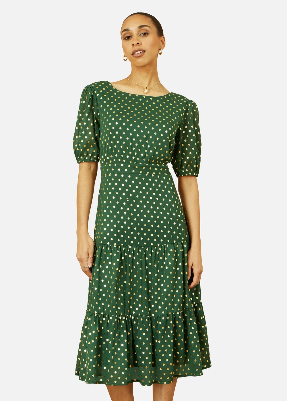 Yumi Green Gold Foil Spot Midi Dress With Scoop Back - 16 Yumi Green Gold Foil Spot Midi Dress With Scoop Back - 16