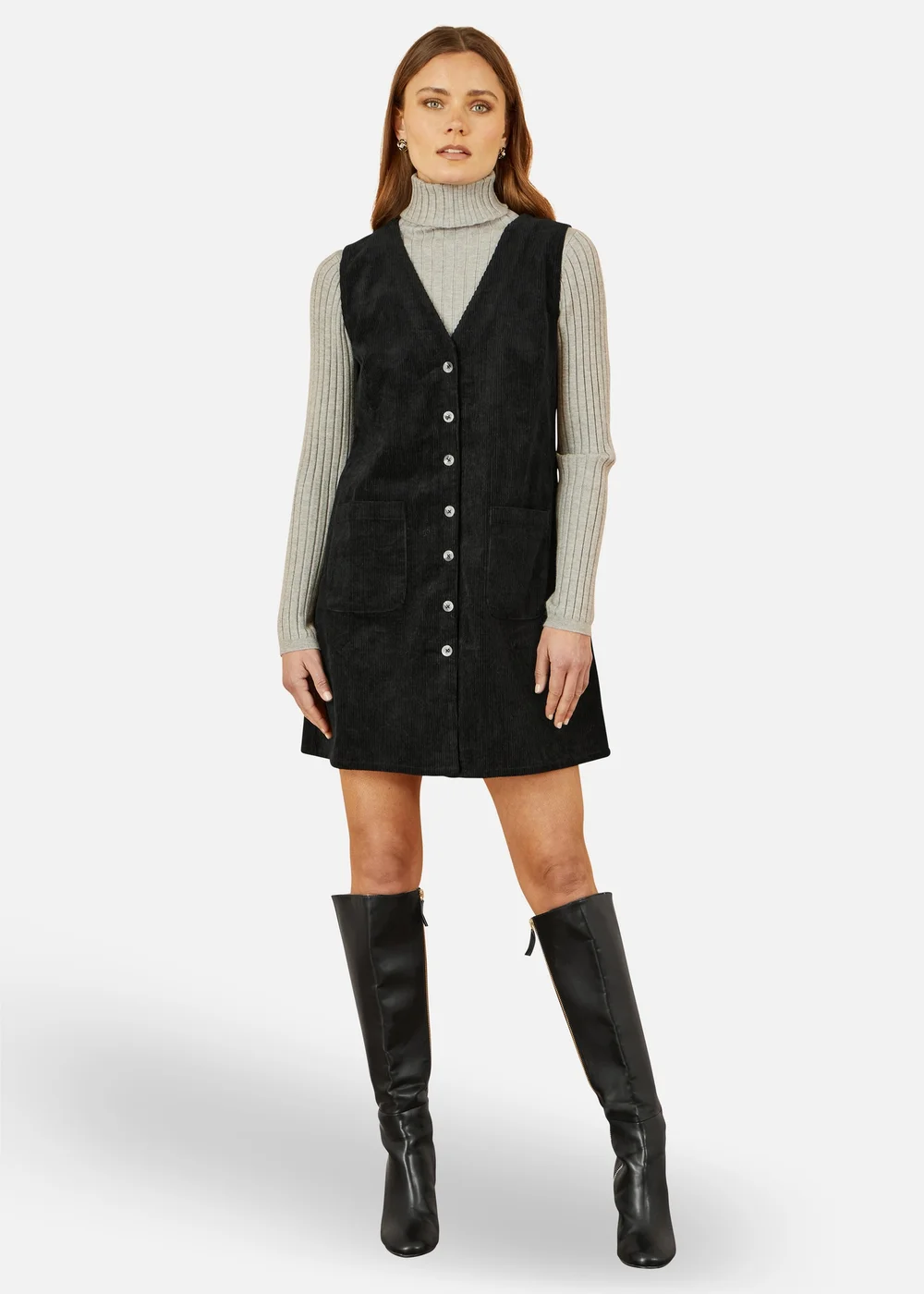 Yumi Black Cord Button Through Pinafore Dress With Pockets - 14 | Matalan Yumi Black Cord Button Through Pinafore Dress With Pockets - 14 | Matalan