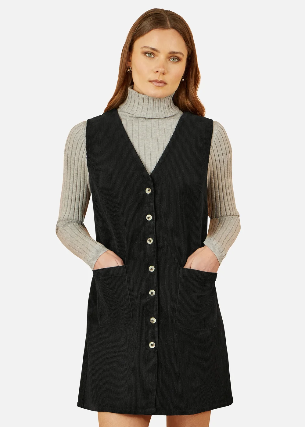 Yumi Black Cord Button Through Pinafore Dress With Pockets - 14 | Matalan Yumi Black Cord Button Through Pinafore Dress With Pockets - 14 | Matalan