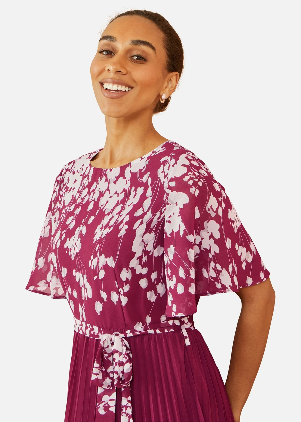 Yumi Burgundy Mirror Floral Design Pleated Midi Dress - 16 Image 3