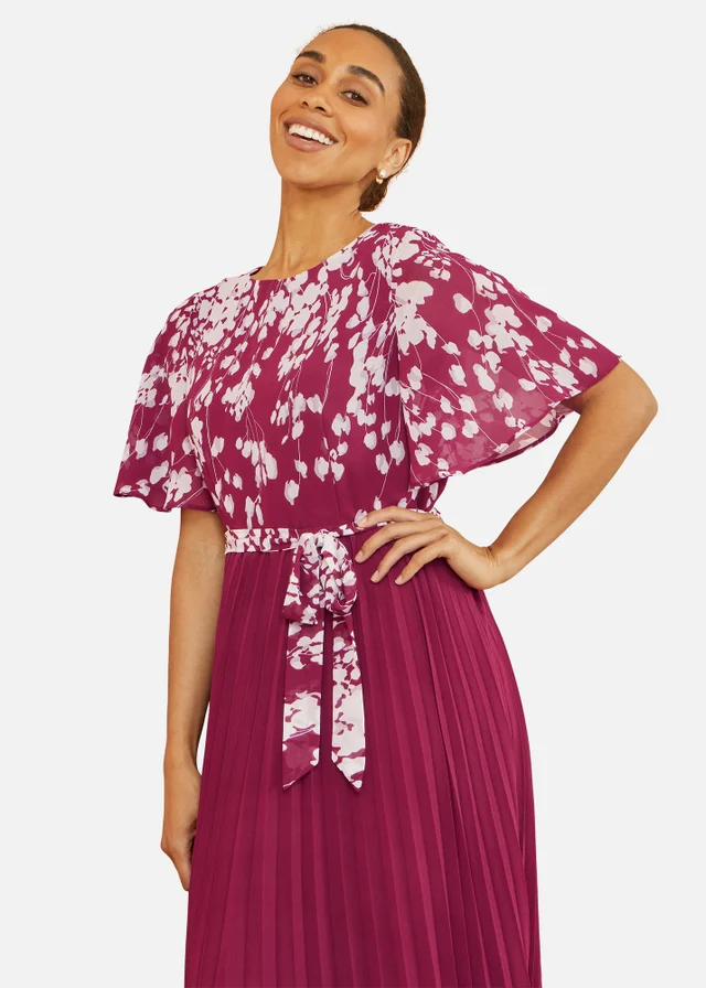 Yumi Burgundy Mirror Floral Design Pleated Midi Dress