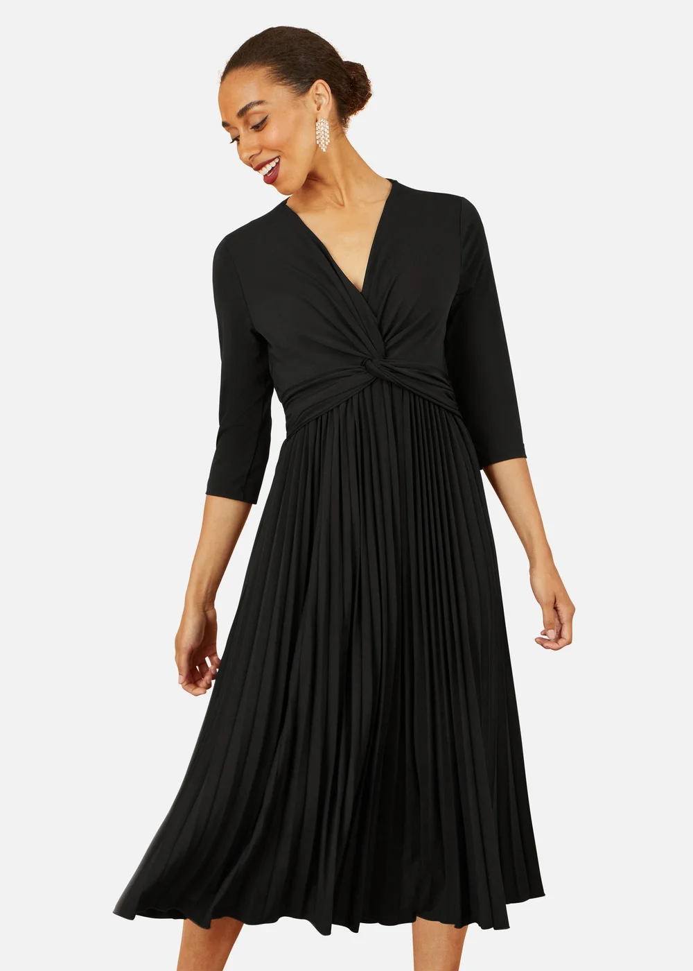Yumi Black Jersey Knot Waist Pleated Midi Dress - 12 Image 1