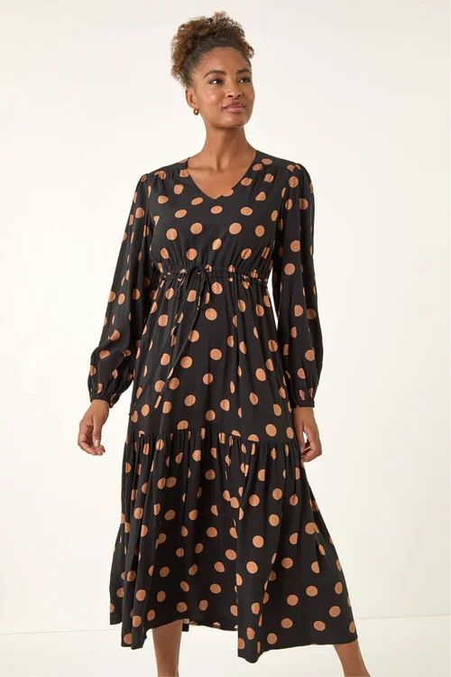 Roman Black Polka Dot Stretch Midi Dress - 18 Image 2