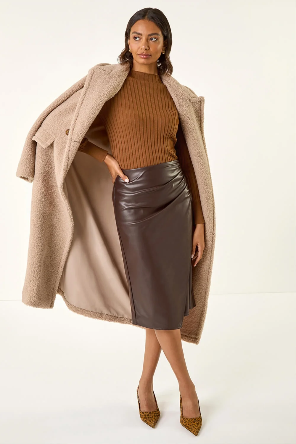 Roman Chocolate Faux Leather Ruched Wrap Skirt - 14 Image 3