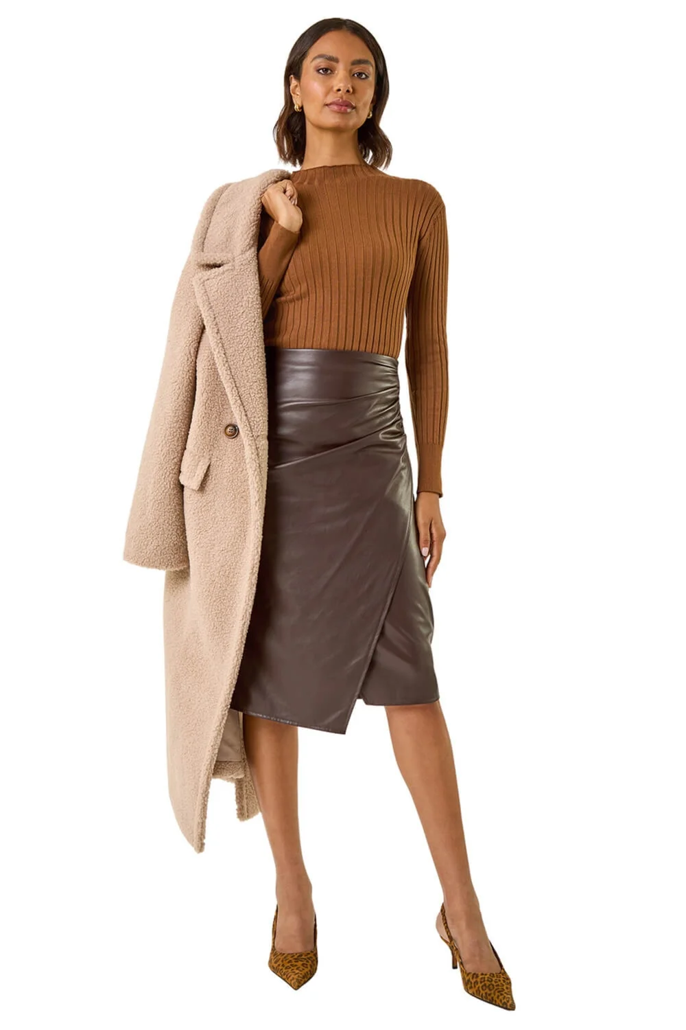 Roman Chocolate Faux Leather Ruched Wrap Skirt - 14 Image 2