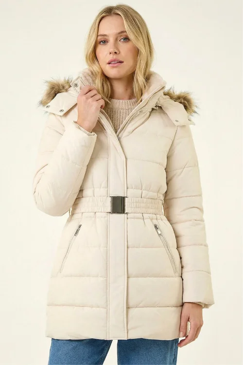 Roman Cream Faux Fur Padded Belt Coat - 14 Image 2