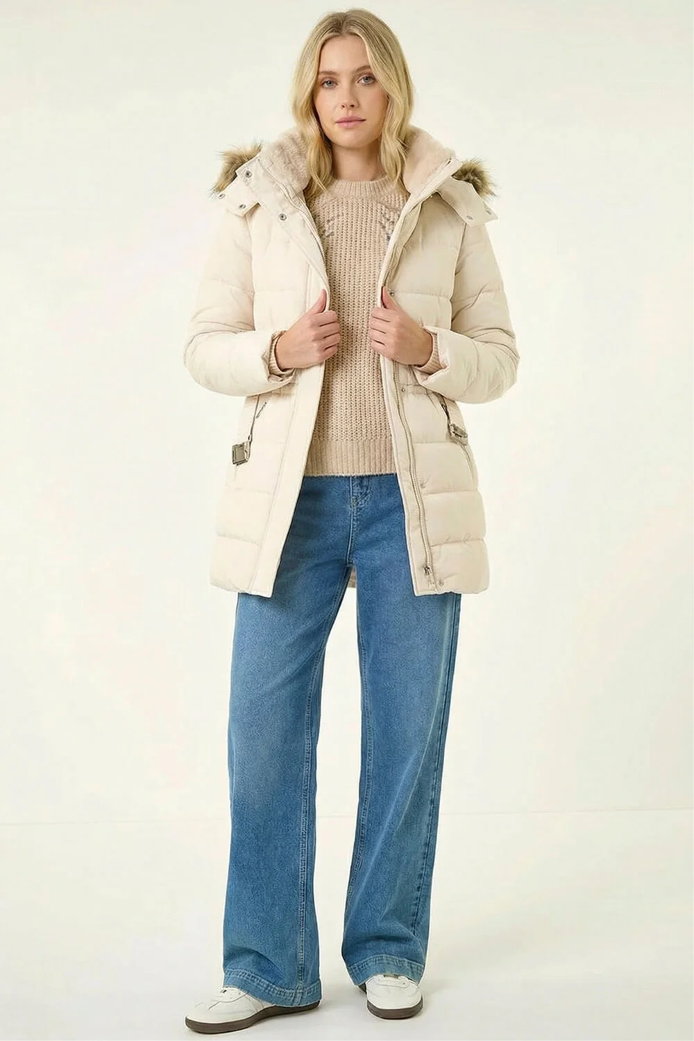 Roman Cream Faux Fur Padded Belt Coat - 14 Image 4
