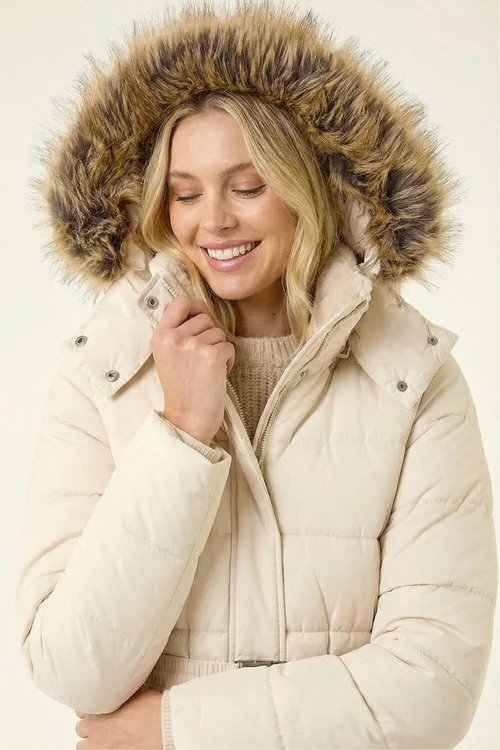 Roman Cream Faux Fur Padded Belt Coat - 14 Image 3