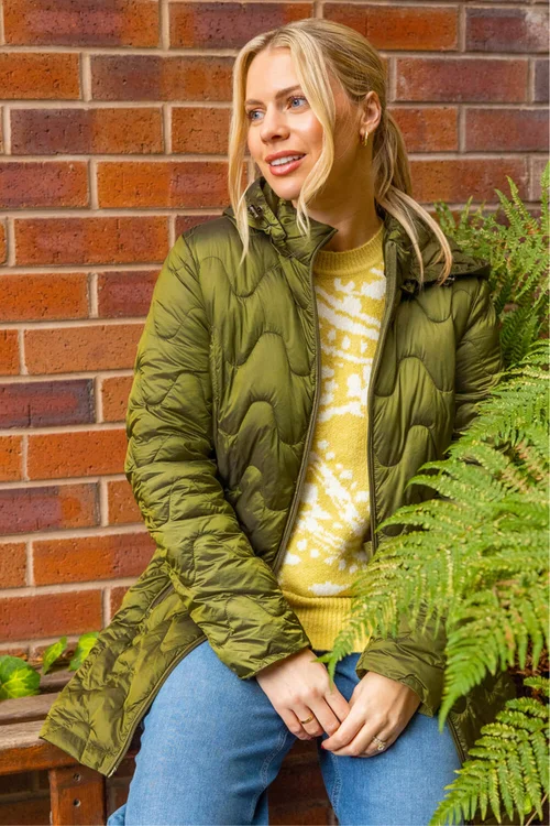 Roman Khaki Wave Quilted Puffer Hooded Coat - 10 Image 1