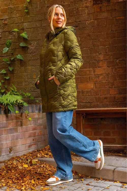 Roman Khaki Wave Quilted Puffer Hooded Coat - 10 Image 2