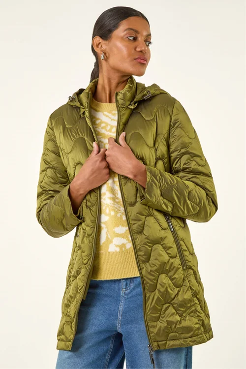 Roman Khaki Wave Quilted Puffer Hooded Coat - 10 Image 4