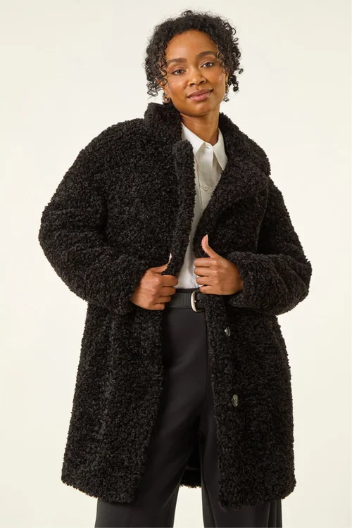 Roman Black Petite Teddy Longline Coat - 12 Image 3