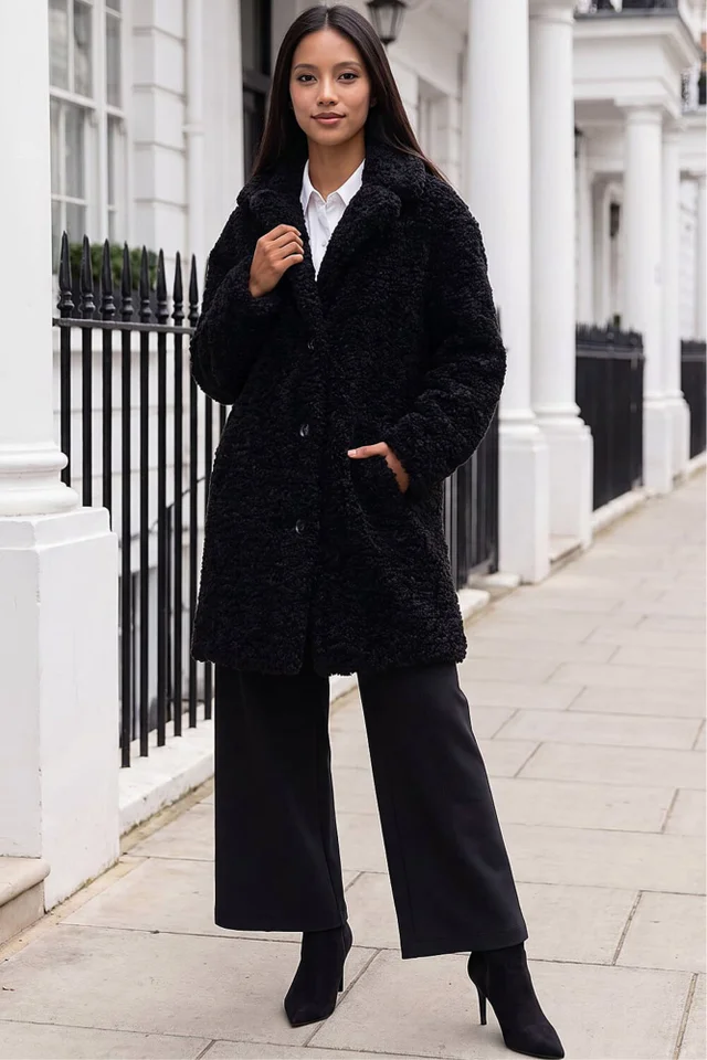 Roman Black Petite Teddy Longline Coat