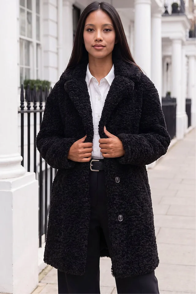 Roman Black Petite Teddy Longline Coat