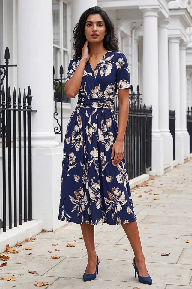 Roman Navy Floral Wrap Midi Dress